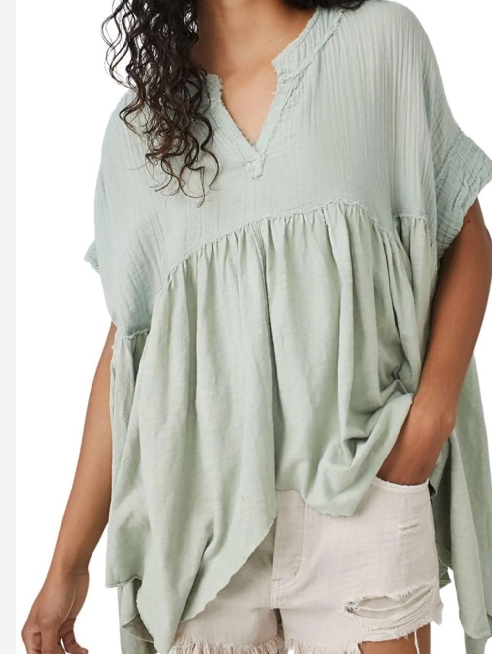 We The Free Boho Loose Gauze V-Neck Women's Top in Sage Green - Picture 3 of 7